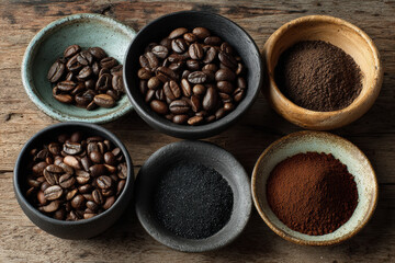 Fototapeta premium Overhead flat‑lay of assorted coffee bowls with whole beans, grounds and spices