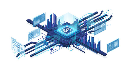 6G Technology CPU with Smart City Network and Data Analytics. Futuristic Digital Global Communication Concept Vector Illustration.