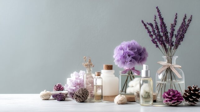 Spa beauty arrangement with flowers and skincare bottles for wellness natural relaxation background