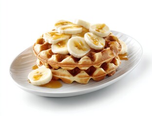 Stack of waffles topped with sliced bananas and honey drizzle