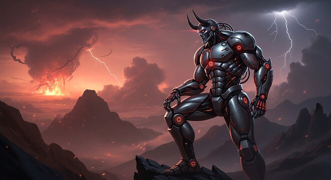 Powerful Futuristic Robot on Mountain Peak. - Powered by Adobe