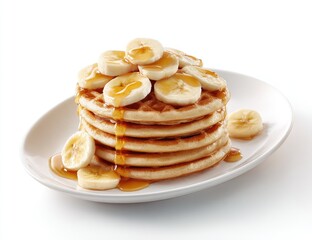 Stack of waffles topped with sliced bananas and drizzled with syrup