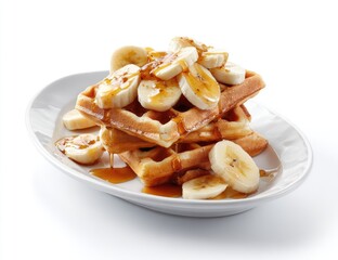 Stack of golden waffles topped with sliced bananas and drizzled with syrup