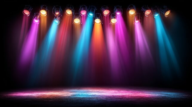 Bright lights in multiple colors illuminate the concert stage, producing a vibrant atmosphere at the music festival