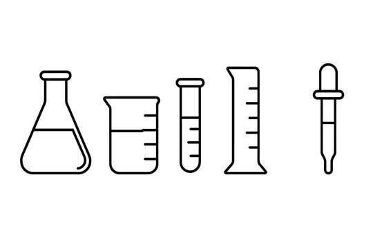 Laboratory glassware outline icon set. Vector illustration of scientific lab equipment. Includes flask, beaker, test tube, graduated cylinder, and pipette for chemistry research.