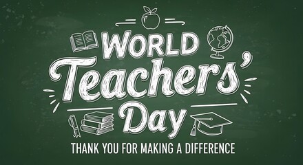 World teachers day lettering on a chalkboard background, with the message thank you for making a difference the design includes illustrations of an apple, globe, books, and graduation cap