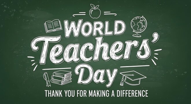 World teachers day lettering on a chalkboard background, with the message thank you for making a difference the design includes illustrations of an apple, globe, books, and graduation cap