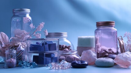 Glass bottles with crystals and flowers for beauty skincare wellness background concept