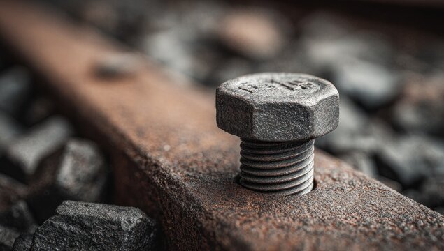 Close-up of a rusty bolt in a railway track - Powered by Adobe