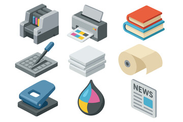 Printing and publishing isometric icon set. 3D vector symbols for print house, office, and typography. CMYK press, paper, book, newspaper, and industrial equipment icons.