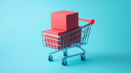 Shopping cart with red box on blue background for ecommerce digital retail consumer concept