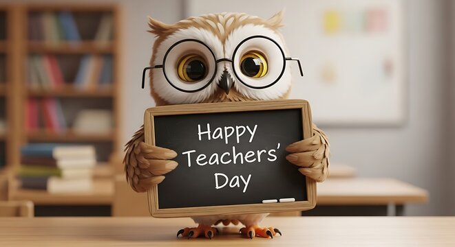 A cute owl wearing glasses is holding a chalkboard with the text happy teachers day in a classroom setting with books and desks, isolated on white background - Powered by Adobe