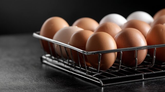 Fresh brown eggs in metal basket for organic healthy farm food concept background - Powered by Adobe
