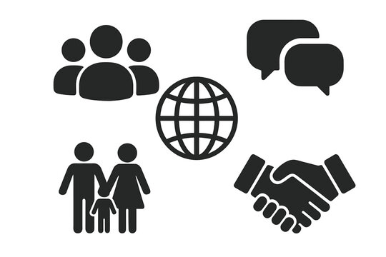 Social inclusion and diversity solid icon set. Community, teamwork, and global connection symbols. Vector icons for equality, communication, family support, and partnership.