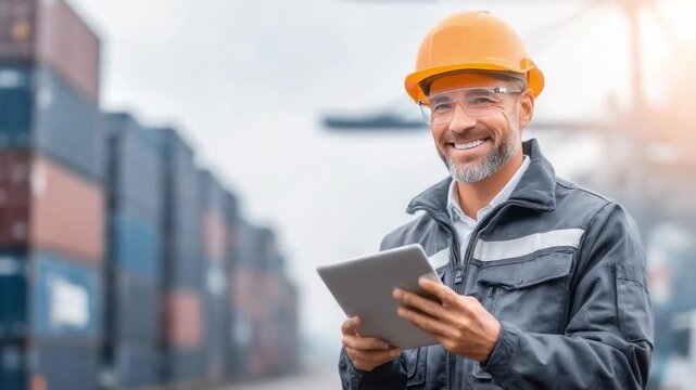 Logistics Professional at Work: A focused logistics professional stands in an active port environment, holding a tablet, capturing a dynamic portrait of operational efficiency and maritime precision.