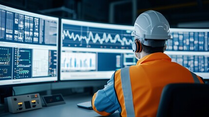 Fototapeta premium Engineers analyzing carbon capture efficiency at biomass storage facility with advanced monitoring screens and control room.