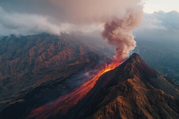 Aerial view of erupting volcano.  Molten lava flows down slope, thick plume of smoke rising from crater. Dramatic mountain range surrounds