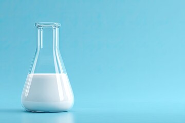 Clear glass beaker filled with white liquid, against a bright light-blue background