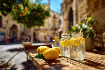 Refreshing lemonade in mason jars, sunny outdoor setting