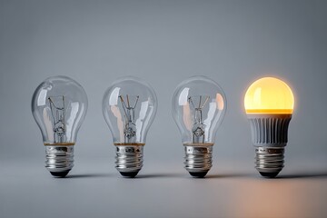 Four light bulbs, three traditional incandescent and one modern LED, illuminating against a neutral background.  The LED bulb is the only one emitting light