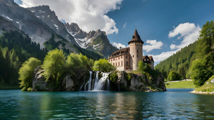 Castle by the Lake with Snowy Alpine Mountains