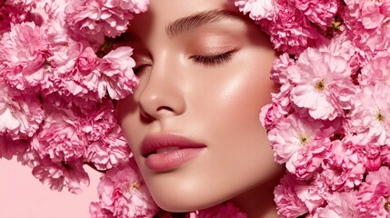 Naklejka premium With a dreamy aesthetic, the face appears to merge effortlessly with the cherry blossoms