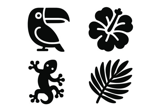 Tropical flora and fauna icon set. Solid filled glyph icons of toucan, hibiscus flower, gecko, and palm leaf. Vector illustration for summer, exotic, jungle, nature themes.