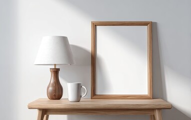 Empty frame and lamp on light wooden table