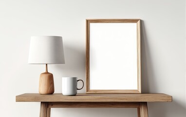 Empty frame, lamp, and mug on wooden table