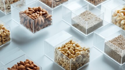 Transparent containers with nuts and seeds for healthy organic nutrition lifestyle background concept