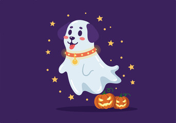 Cute illustration of a friendly ghost dog floating playfully amidst twinkling stars, accompanied by cheerful pumpkins, perfect for a whimsical halloween design