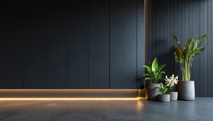 Modern minimalist interior scene. Dark gray walls with subtle lighting, and potted plants