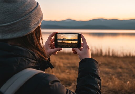 Woman capturing a breathtaking sunset over a lake with her smartphone.