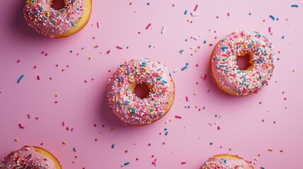 Pink donuts with sprinkles on surface for sweet dessert bakery lifestyle background concept