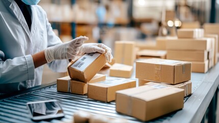 Worker packing cardboard boxes in warehouse for ecommerce packaging shipping delivery logistics concept