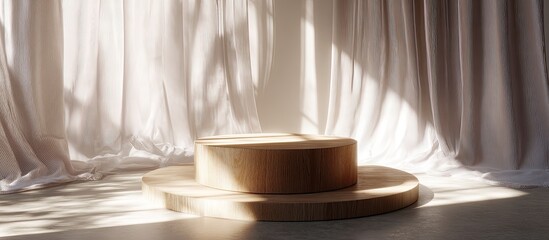 Wooden podium with soft, flowing white curtains, bathed in sunlight.  Natural light casts shadows on the fabric