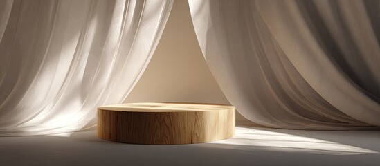 Light-filled, minimalist display podium.  Soft, sheer white drapes frame a natural wood circle, casting gentle shadows
