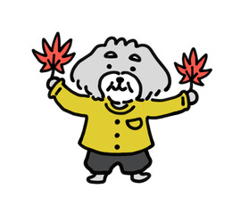 紅葉狩りをする手描きの犬