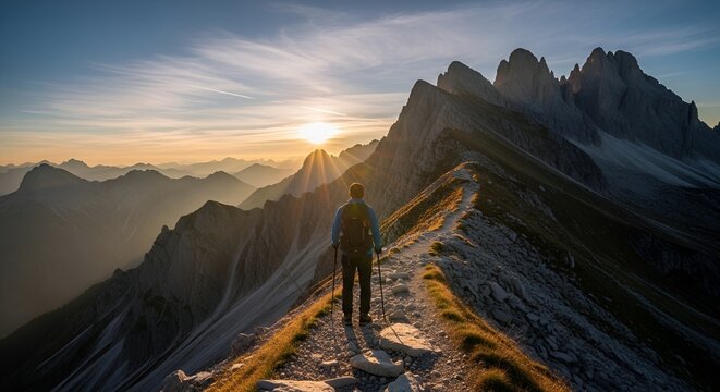 A hiker walks a mountain ridge at sunrise with mountain peaks in the background on a clear day - Powered by Adobe