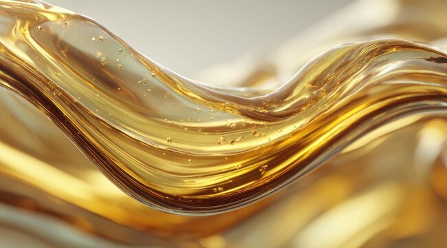 Golden liquid flowing in waves.  A close-up view of amber liquid, with smooth, flowing curves.  Small bubbles are dispersed within the liquid