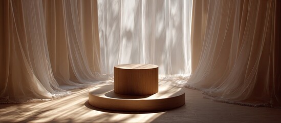 Beige draped curtains frame a light-filled room with a wooden display podium