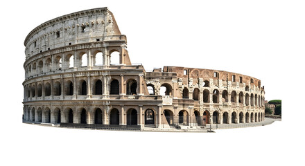 The majestic ancient Roman Colosseum, a historical landmark and iconic amphitheater in Rome, Italy, isolated on a white background for design