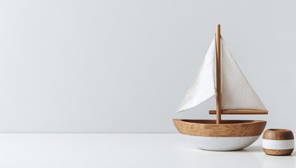 Wooden toy sailboat on white surface