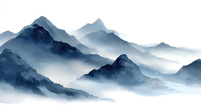 Misty mountain range, rendered in shades of blue and gray, with soft, hazy clouds clinging to the peaks