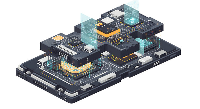 Futuristic Smartphone Internal Circuitry with 6G Connectivity and Data Flow, Isometric Digital Technology Illustration