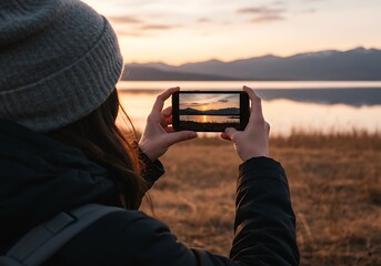Woman capturing a breathtaking sunset over a lake with her smartphone.