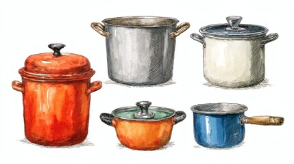 A collection of various cooking pots in different colors and sizes, including red, orange, blue, and silver, with lids and handles