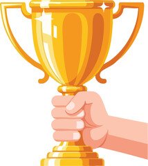 Hand holding golden trophy cup illustration on white background gold award winner