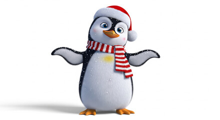 Fototapeta premium Happy Cartoon Penguin Character Wearing Santa Hat and Scarf on Isolated transparent background