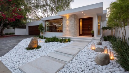Modern home exterior with a minimalist landscape design